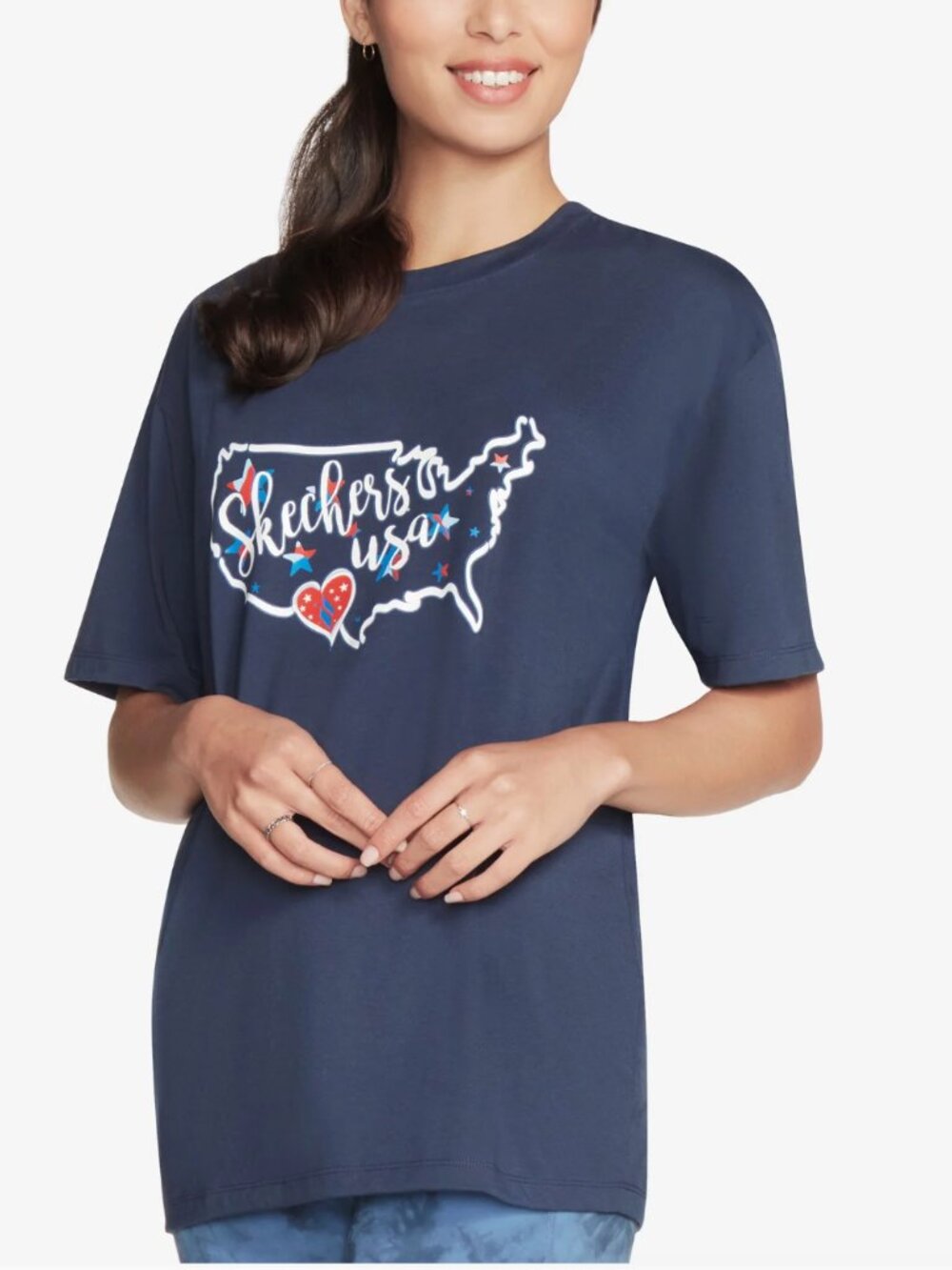 NWT Skechers GOdri Everybody Americana Graphic Tee Size Medium BLUE IRIS Navy